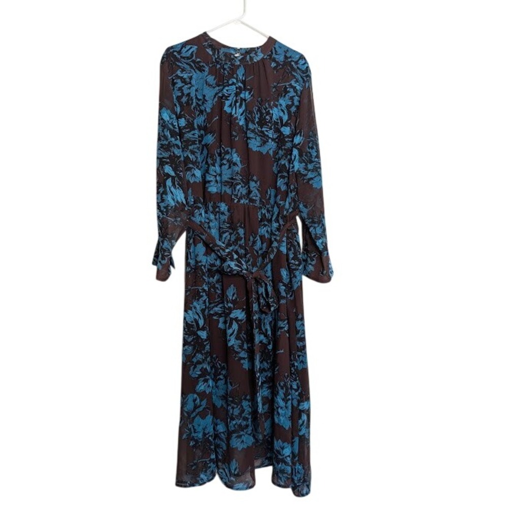 Who What Wear Womens Floral Long Sleeve Midi Dress 4X Brown Blue Belted Chiffon